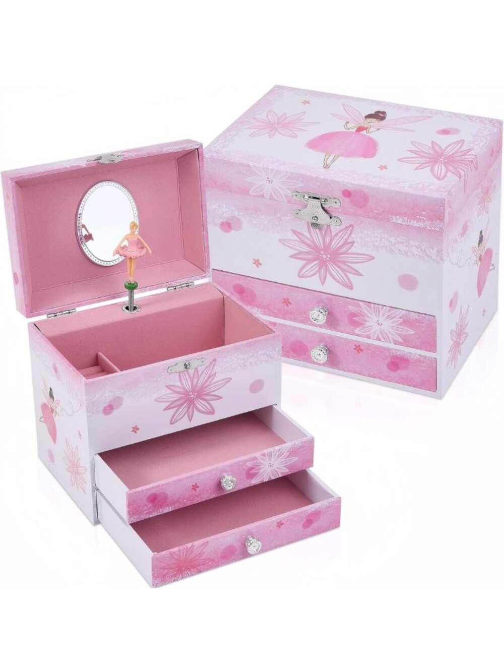 Fairy Design Ballerina Music Box with 2 Drawers - Kids Jewelry Storage Gift 3-12